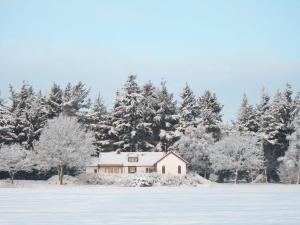 una casa en un campo cubierto de nieve con árboles en Quaint Mansion in Oploo with Terrace en Oploo
