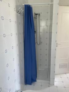 y baño con ducha con cortina azul. en Villa Paso, en Ustica