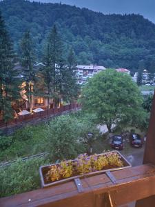 a view of a garden from a balcony at EDWARD RESIDENCE in Slănic-Moldova