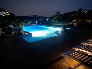 a swimming pool at night with two palm trees at Villa Yulia in Vidreres