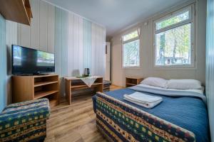 a bedroom with a bed and a tv and windows at OW Gromada Pod Bukami in Międzyzdroje