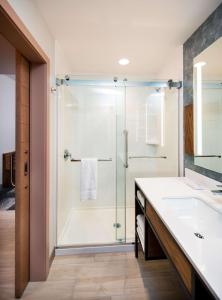 y baño con ducha y lavamanos. en Hilton Garden Inn Moncton Downtown, Nb en Moncton