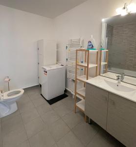 a bathroom with a toilet and a sink and a refrigerator at MENTHE et CITRON entre DISNEY et PARIS in Villiers-sur-Marne