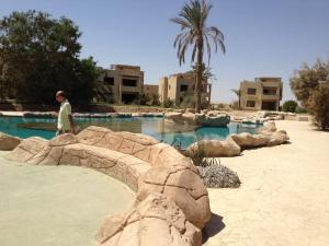 un homme debout en face d'une piscine dans l'établissement Palm Beach Compound Villa, à Ain Sokhna