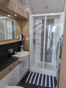 uma casa de banho com um chuveiro, um WC e um lavatório. em Caravan Swanage Bay View Holiday Park Dorset Amazing Location em Swanage
