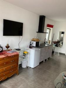 een keuken met een wastafel en een tv aan de muur bij Gîte Chez Aude in Florenville