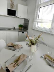 Biały stół z talerzami i przyborami kuchennymi w kuchni w obiekcie Pools, Sauna und Balkon mit Panoramablick w mieście Sankt Englmar