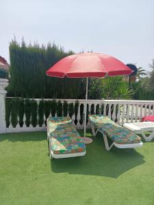 2 chaises et un parasol sur l'herbe dans l'établissement El rincón de Dory, à Martos