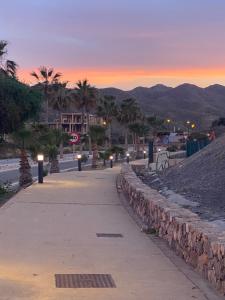 un trottoir avec des lumières et des palmiers au coucher du soleil dans l'établissement Monika Playa Macenas Mojacar, à Mojácar