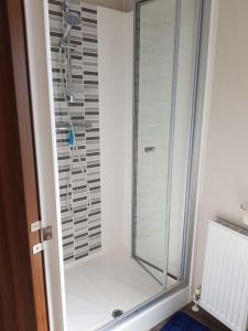 a shower with a glass door in a bathroom at Luxusmobilheim Seehund am Kransburger See 551 in Kransburg