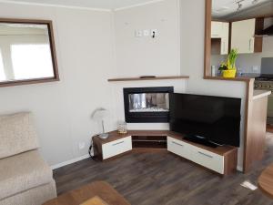 a living room with a large flat screen tv at Luxusmobilheim Seehund am Kransburger See 551 in Kransburg