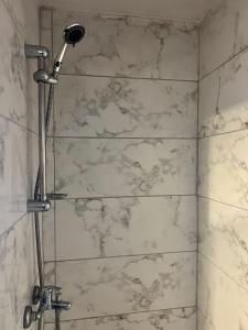 La salle de bains est pourvue d'une douche et d'un mur en marbre. dans l'établissement Gaia Art Hostel Hotel, à Istanbul