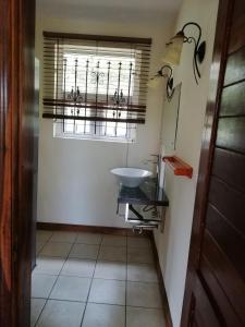uma pequena casa de banho com um lavatório e uma janela em Joubarbe Residence em Moka