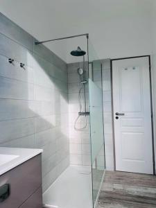 uma casa de banho com um chuveiro e uma porta de vidro em Spacieux et Lumineux em Saint-Claude