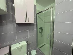 a bathroom with a toilet and a glass shower at Apartament Oxygen in Neptun