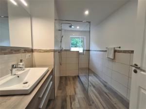 a bathroom with a sink and a shower at Ferienwohnungen Jensen in Großenwiehe