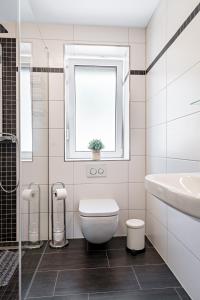 baño con aseo y lavabo y ventana en Ferienwohnung Suhl/ Wichtshausen, en Suhl