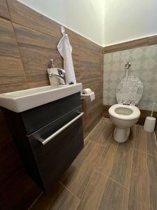 a bathroom with a sink and a toilet at AranyLak vendégház in Abádszalók +9 photos