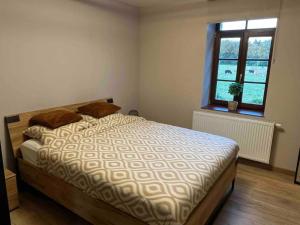 een slaapkamer met een bed en een raam bij Appartement situé dans la nature des Hautes-Fagnes in Waimes