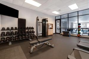 a gym with a lot of equipment in a room at DoubleTree by Hilton Davenport in Davenport