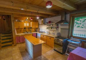 a kitchen with wooden cabinets and a stove top oven at Chata MTB in Kościelisko