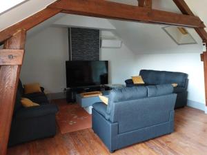 uma sala de estar com 2 cadeiras azuis e uma televisão de ecrã plano em Gîte de Chazelpaud em Saint-Bard