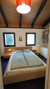 1 dormitorio con 1 cama grande y 2 ventanas en Casa Boschetto by Quokka 360 - silent oasis in Bosco Luganese, en Bioggio