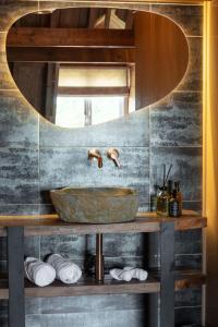 een badkamer met een wastafel en een spiegel bij B&B Slapen bij DKW in Oldebroek