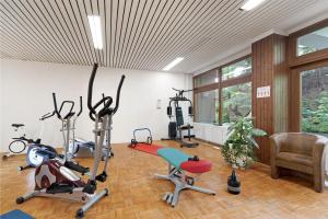 Un gimnasio con bicicletas y aparatos de ejercicio en una habitación. en Apartment Schwarzwald, en Schönwald