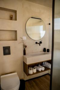 ein Badezimmer mit einem weißen WC und einem Spiegel in der Unterkunft Dawar Sinai Bliss - Luxury Haven in Ma'ale Adumim