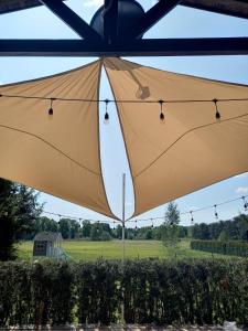 un paraguas amarillo grande colgando de un techo en Kubusiowe Siedlisko - Rezerwat przyrody Stawinoga, en Stawinoga