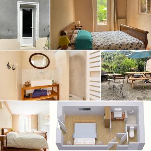 un collage de fotos de un dormitorio y una habitación en L'ourse, chambre double - Gîte de la Louve en Fougax-et-Barrineuf