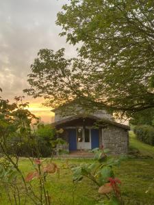 ein kleines Steinhaus auf einem Feld mit einem Baum in der Unterkunft Guest house avec vue sur 2 hectares in La Sauvetat-du-Dropt