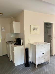 une cuisine avec des placards blancs et un comptoir dans l'établissement Antonappartements, à Dresde