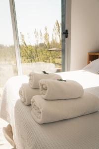 una pila de toallas sentadas encima de una cama en Las Guaras Valle de Uco en Tunuyán