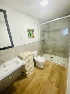 a bathroom with a sink and a toilet and a shower at La casuca de Ivan 