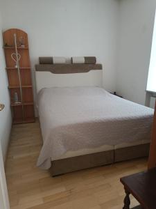 - une chambre avec un lit et du parquet dans l'établissement Apartma MOST, à Kanal