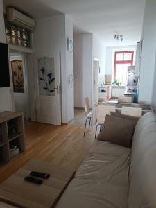 - un salon avec un canapé et une table dans l'établissement Apartma MOST, à Kanal