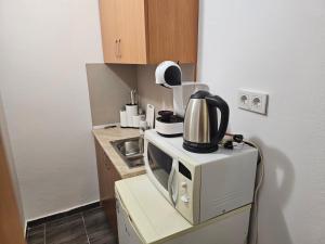 een keuken met een koffiezetapparaat en een magnetron bij Studio MIRAGE in Kazanlik