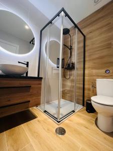 a bathroom with a glass shower and a toilet at Apartamentos TriBeCa Centro I in Albacete