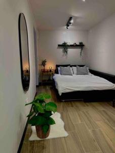 1 dormitorio con 1 cama y una maceta en ירוק במושב, en Ma‘oz Ẕiyyon