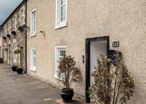 a building with a door and two plants in front of it at Riverview Cottage in Lanark