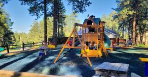 un niño jugando en un parque infantil con un tobogán en 210 Forest Ridge Drive, en Durango
