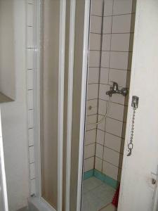 a shower with a glass door in a bathroom at Chata Čeřovský Harrachov in Harrachov