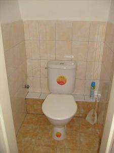 a bathroom with a white toilet in a tiled room at Chata Čeřovský Harrachov in Harrachov