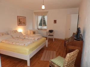 a bedroom with a bed and a desk and a television at Ferienwohnung Rossenhof in Weesby