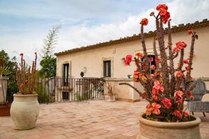 a courtyard with two large vases filled with flowers at Farm stay La Frescura Agriturismo in Siracusa