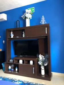 a brown entertainment center with a television in a blue wall at Villa Segovia in Cozumel