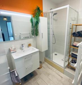 a bathroom with a white sink and a shower at Émerveillez-vous en Ardèche in Privas