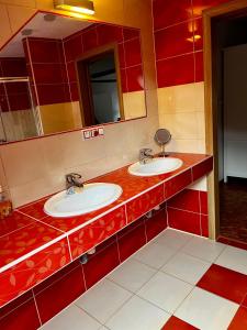 ein Badezimmer mit 2 Waschbecken und einem Spiegel in der Unterkunft Apartmán na horách, Plešivec in Pstruží